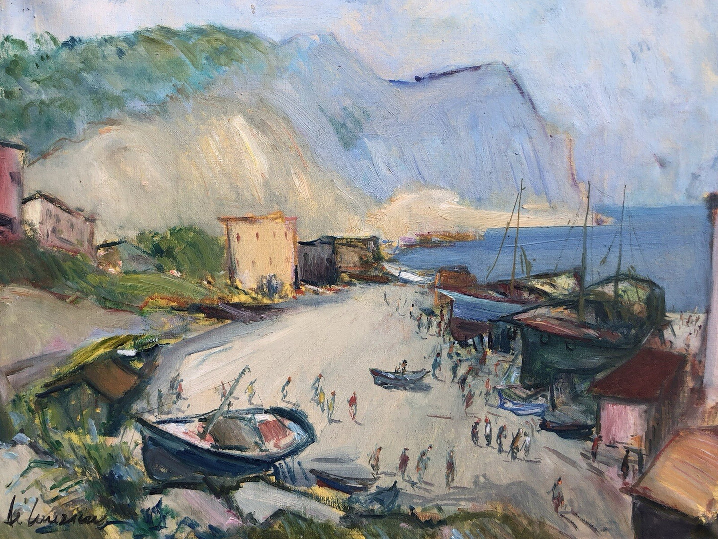Quadro vintage -Porto Con Barche- dipinto a olio su tela