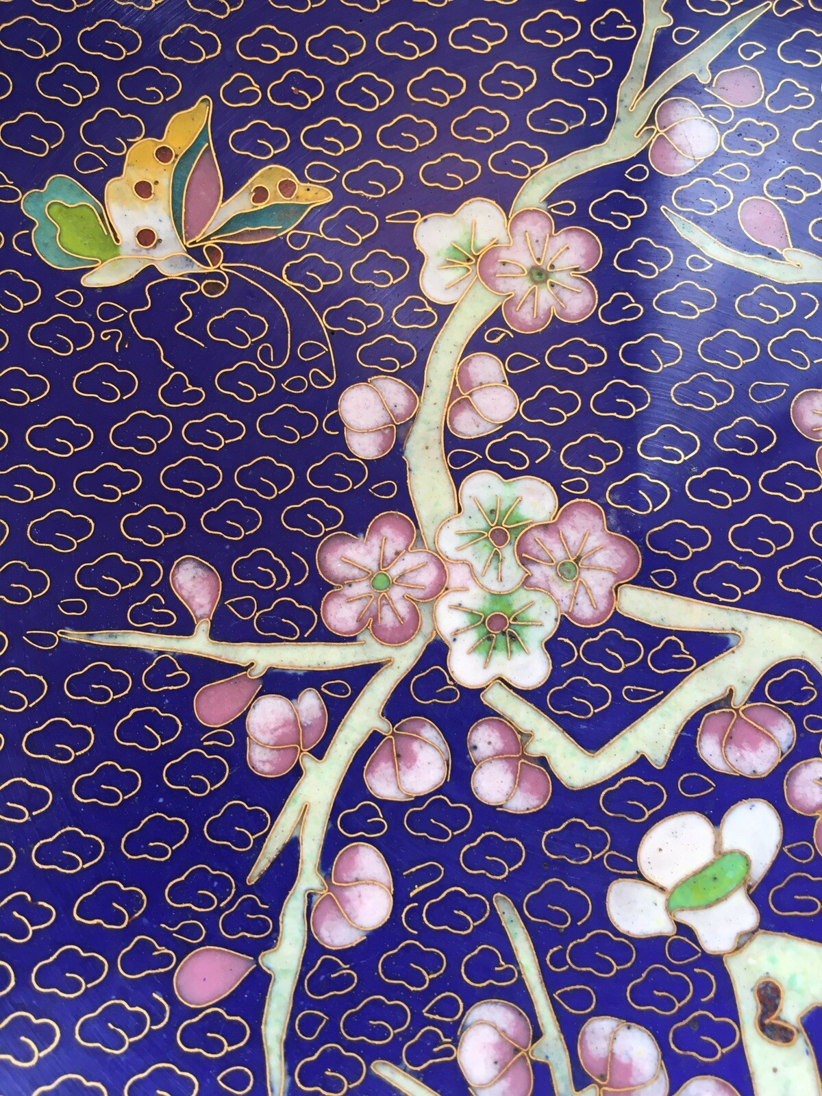 Piatto decorativo in ottone e cloisonné cinese orientale- Fiori di Pesco