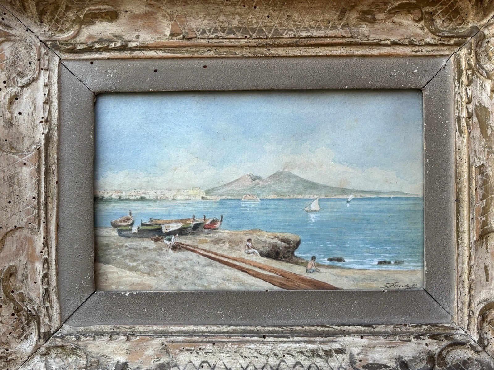 Coppia di quadri antichi -Paesaggi Napoli- realizzati ad acquerello su carta
