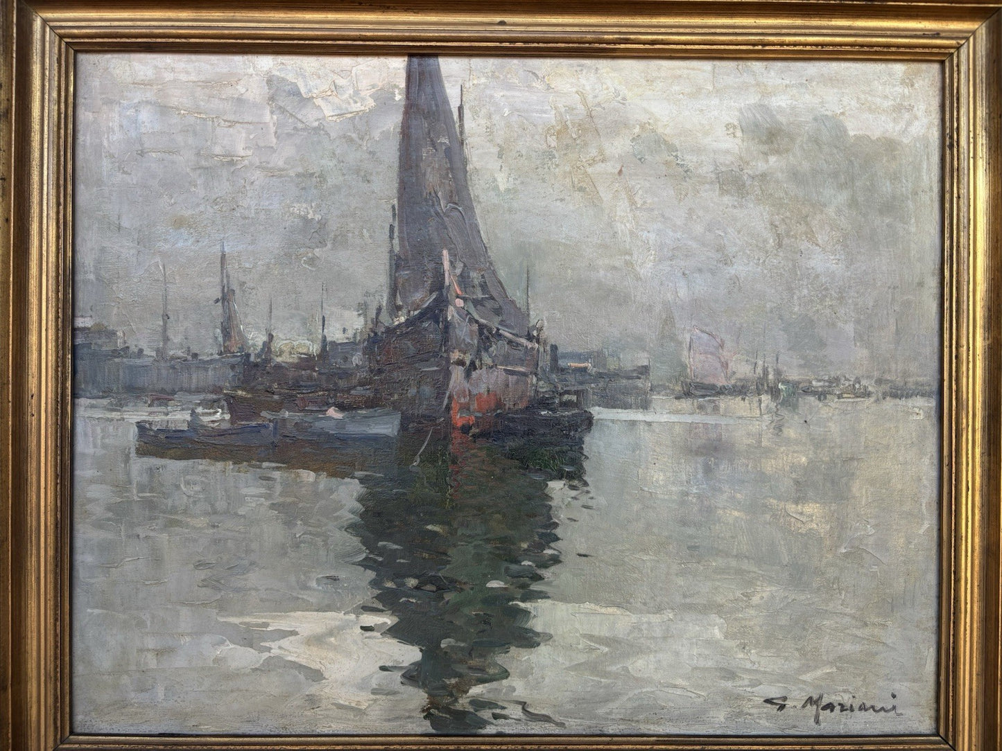 Quadro -Marina Con Barche- dipinto a olio su tela