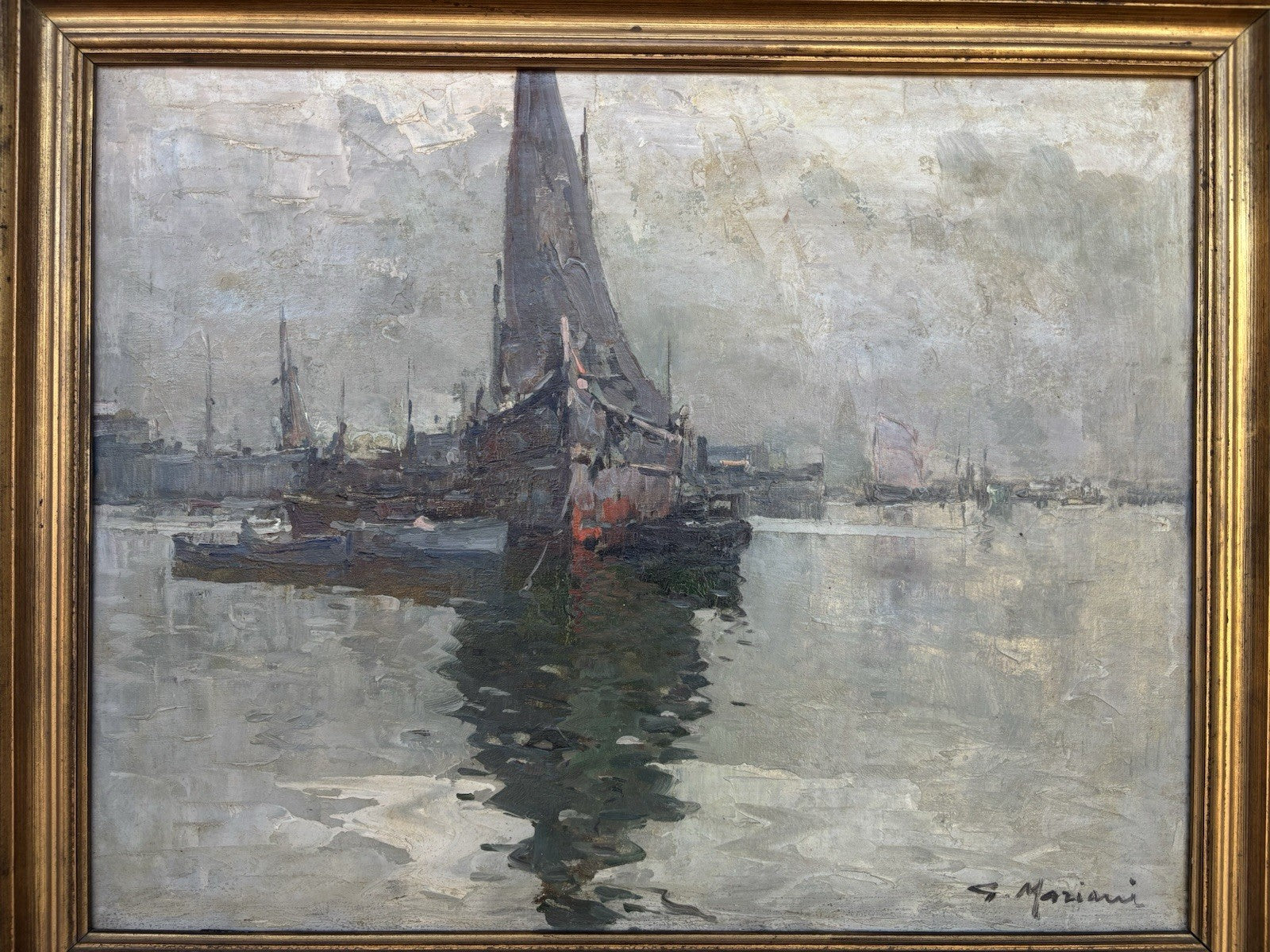 Quadro -Marina Con Barche- dipinto a olio su tela