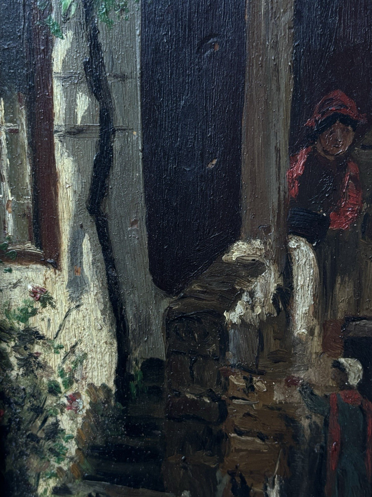 Quadro miniatura antico -Cortile- dipinto a olio su tavoletta