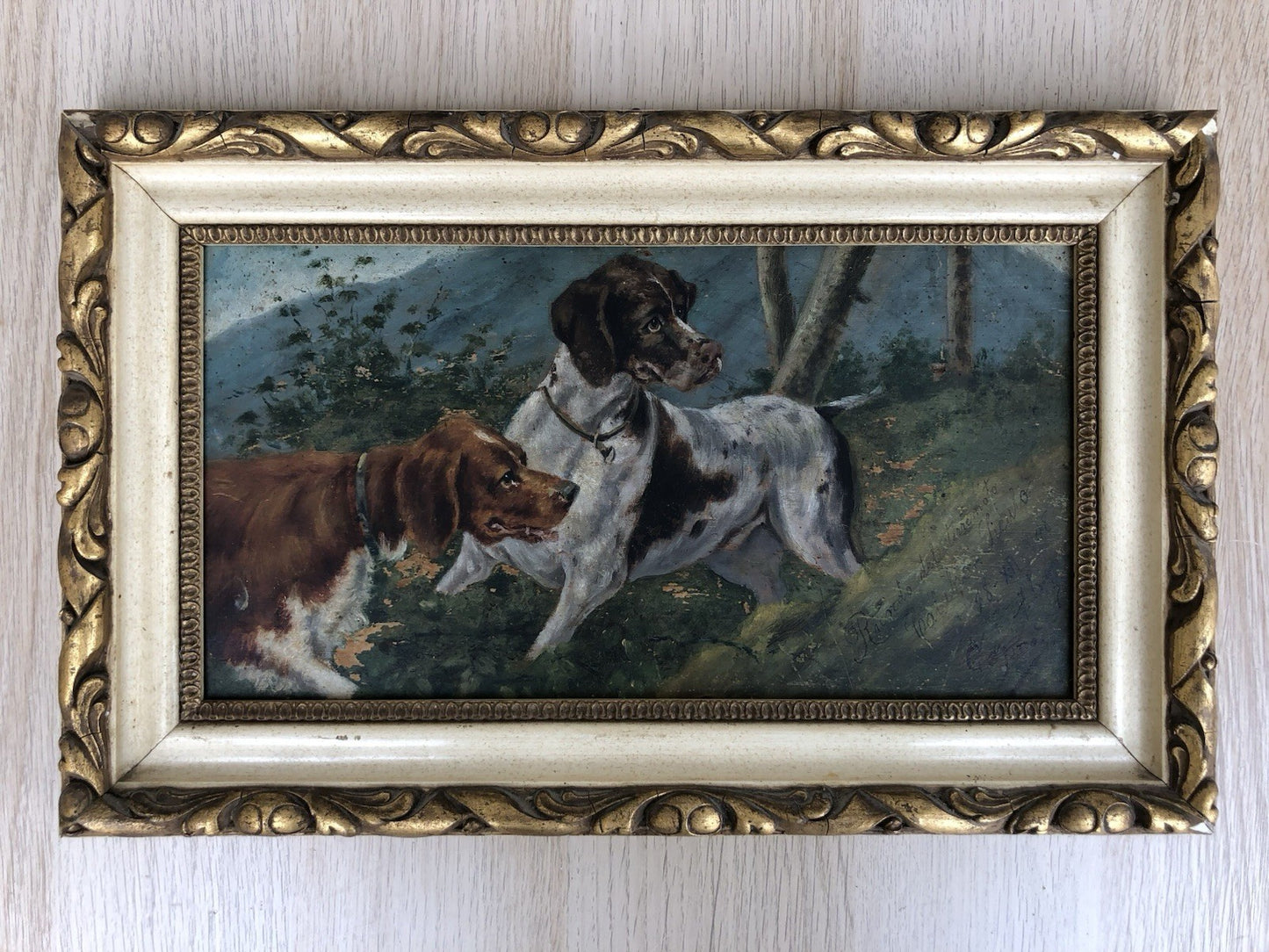 Quadro antico -Cani Da Caccia- dipinto a olio su tavola