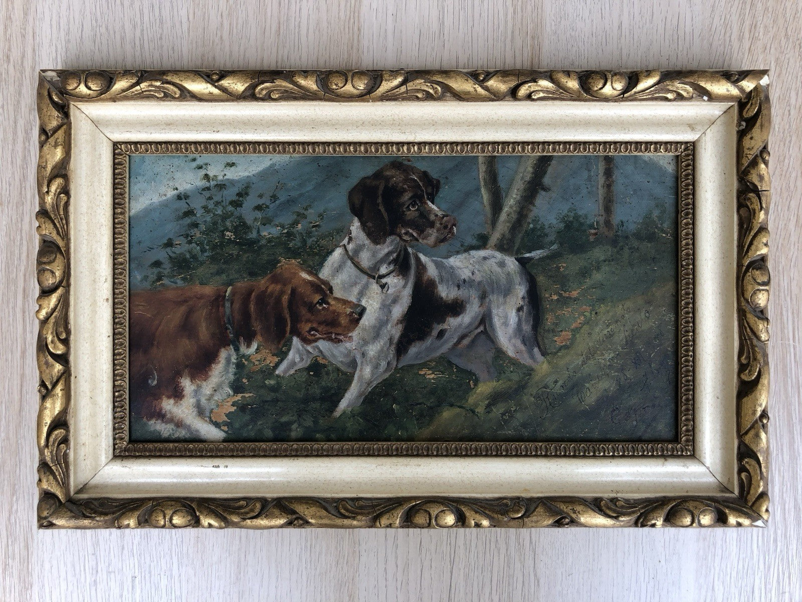 Quadro antico -Cani Da Caccia- dipinto a olio su tavola
