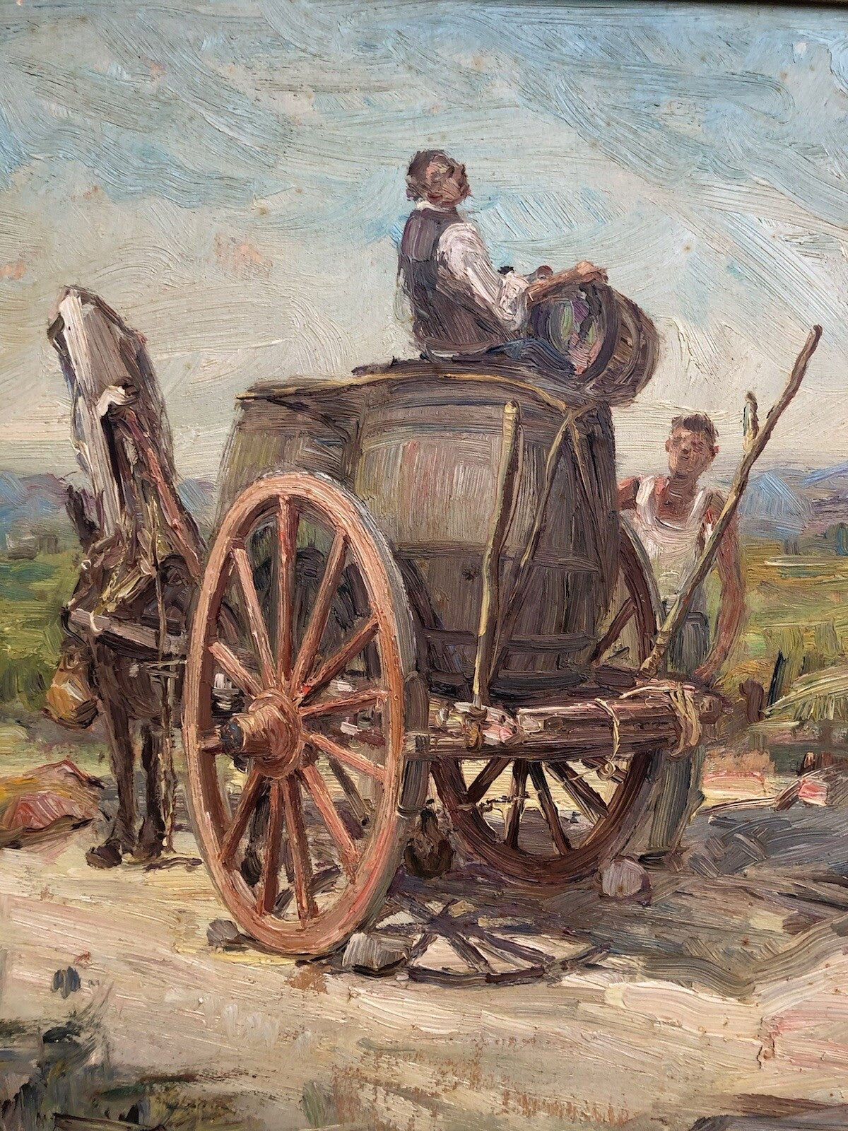 Quadro vintage -Paesaggio Con Carretto- dipinto a olio su tavoletta