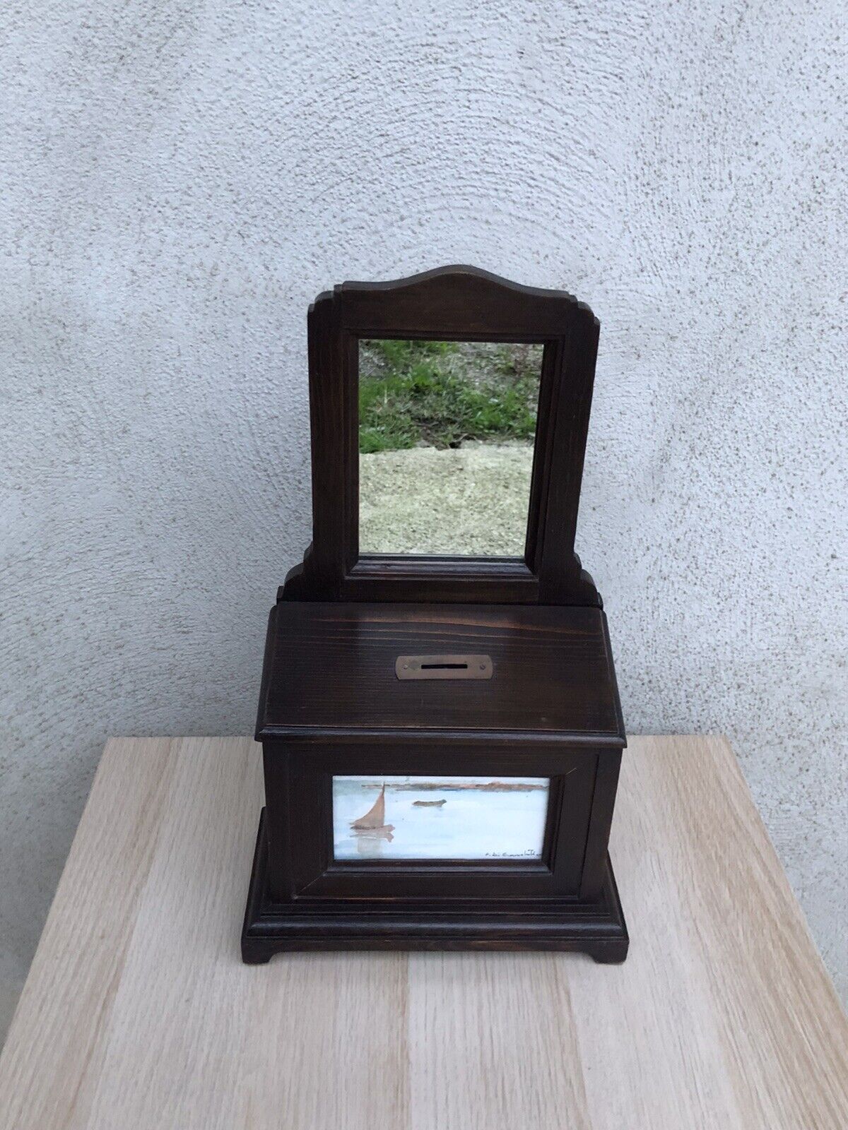 Specchiera in legno vintage con dipinto su cartoncino