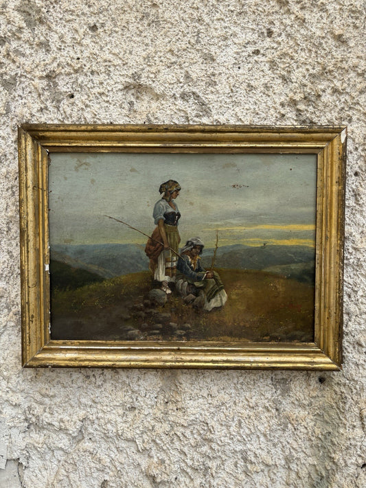 Quadro antico -Paesaggio Con Contadini- Stefano Bruzzi dipinto a olio