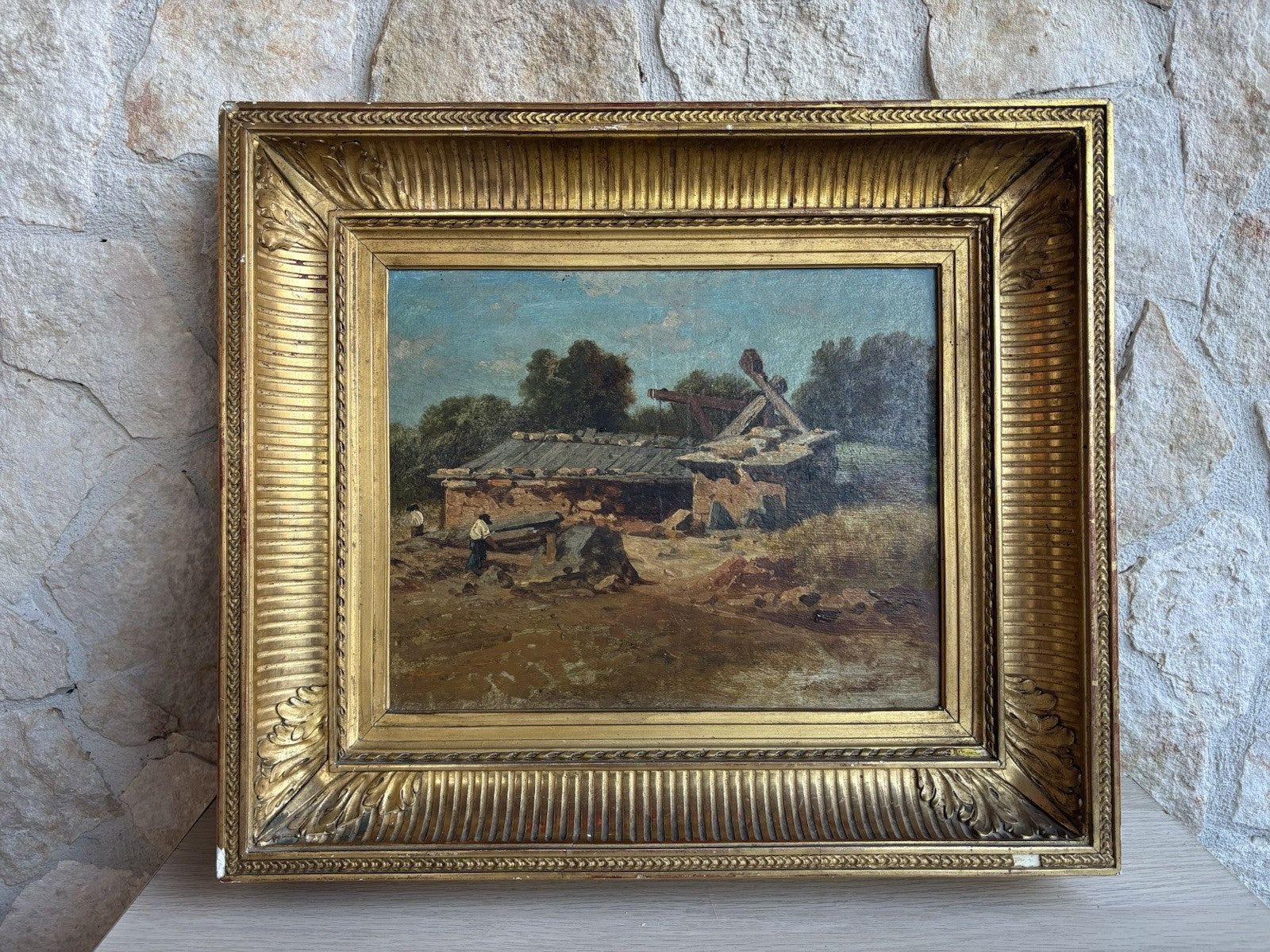 Quadro antico scuola francese -Paesaggio- dipinto a olio