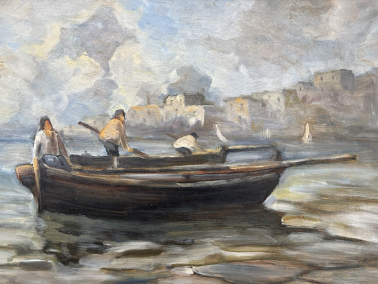 Quadro -Marina Con Barca- Francesco Nicolardi- dipinto a olio su masonite