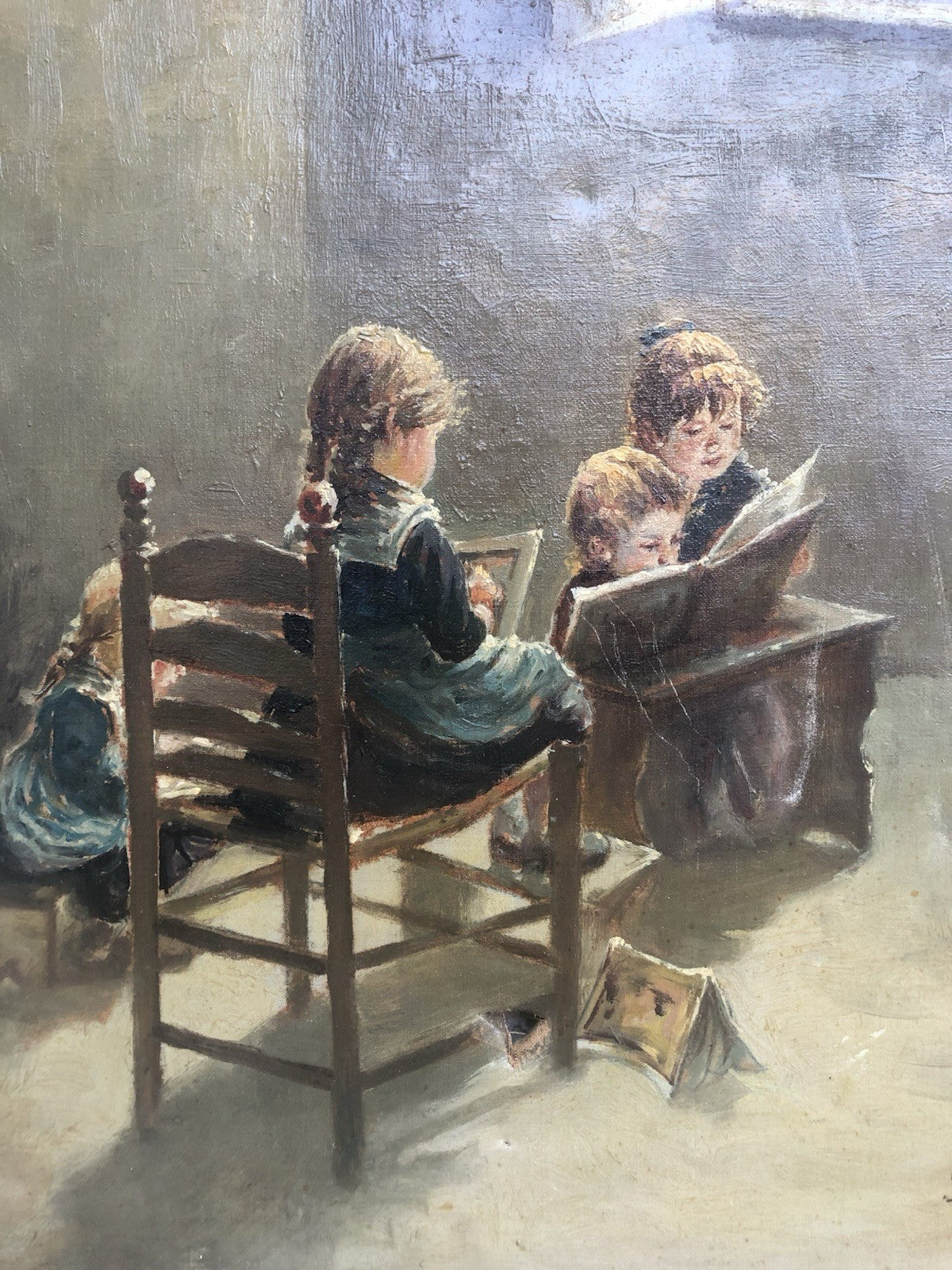 Quadro -Fanciulli In Lettura- dipinto a olio su tela