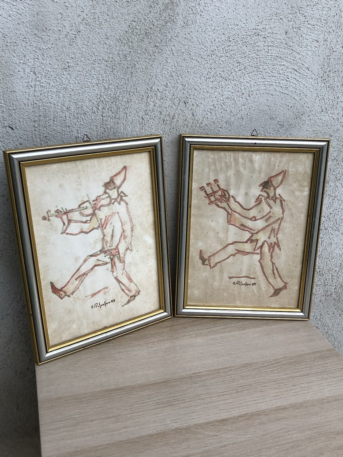 Coppia di quadri -Pulcinella- Vittorio Pisco a tecnica mista su carta