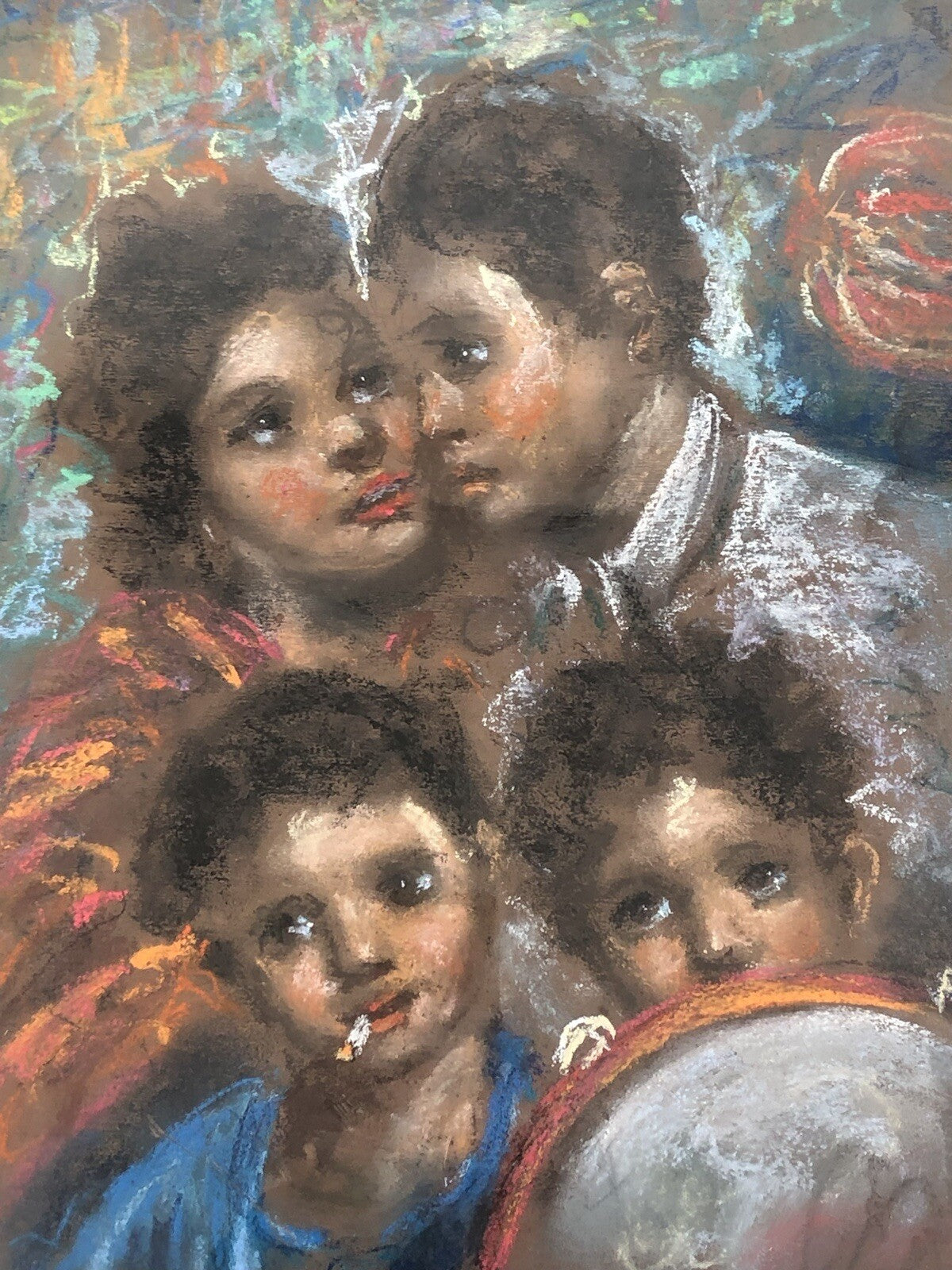 Quadro vintage -Figure Scugnizzi- realizzato a pastello su tavoletta