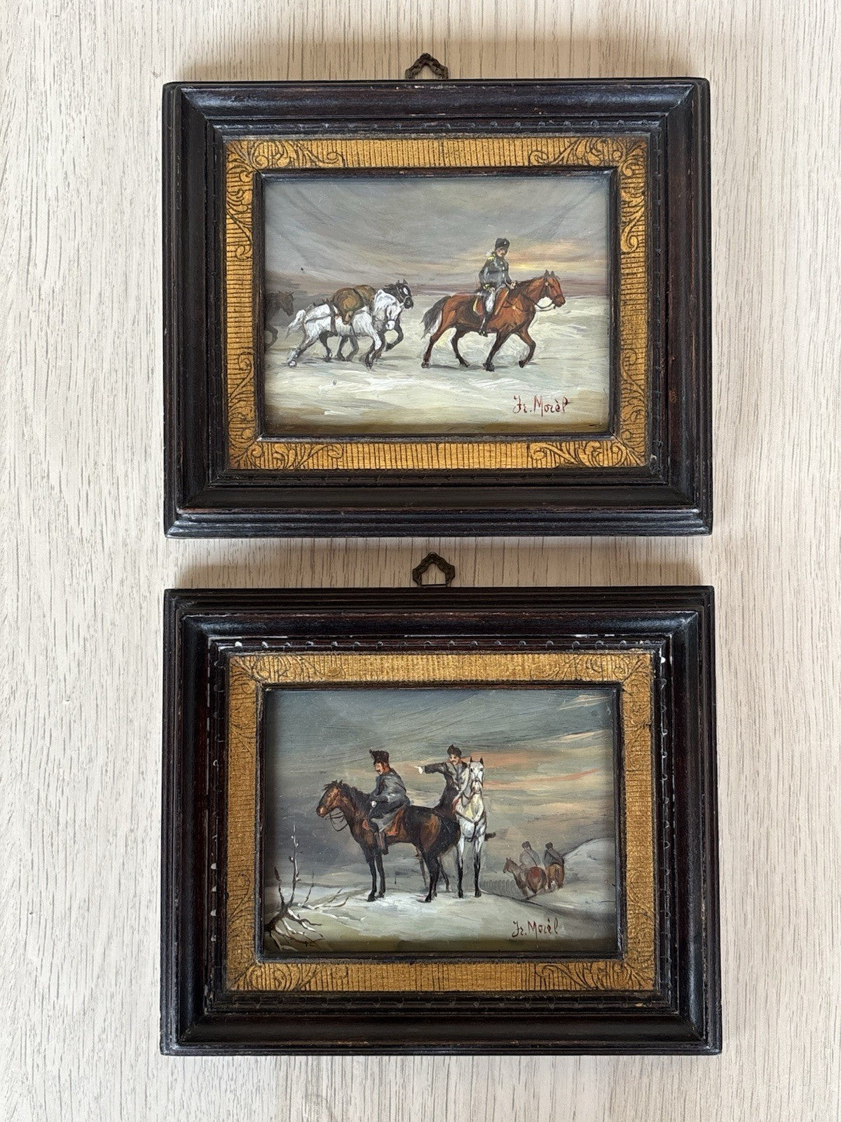 Coppia Di Quadri Vintage, Miniature Dipinte A Olio Su Rame