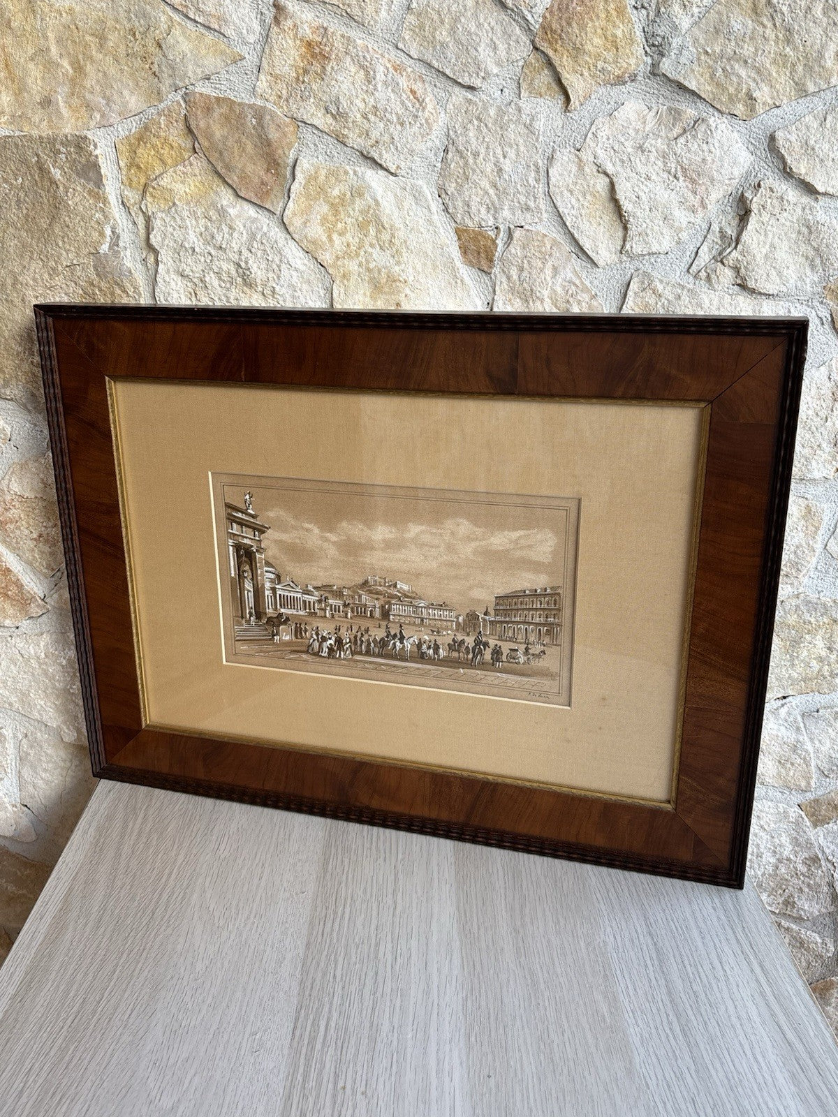 Quadro antico -Napoli, Piazza Plebiscito- realizzato a tecnica mista su carta
