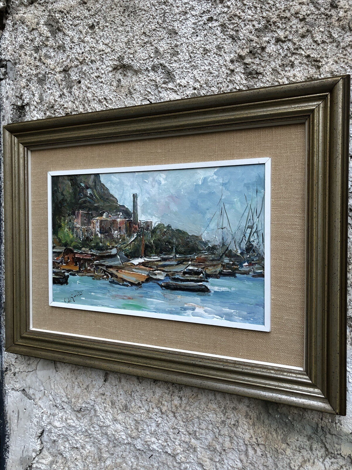 Quadro vintage -Marina Con Barche- dipinto a olio
