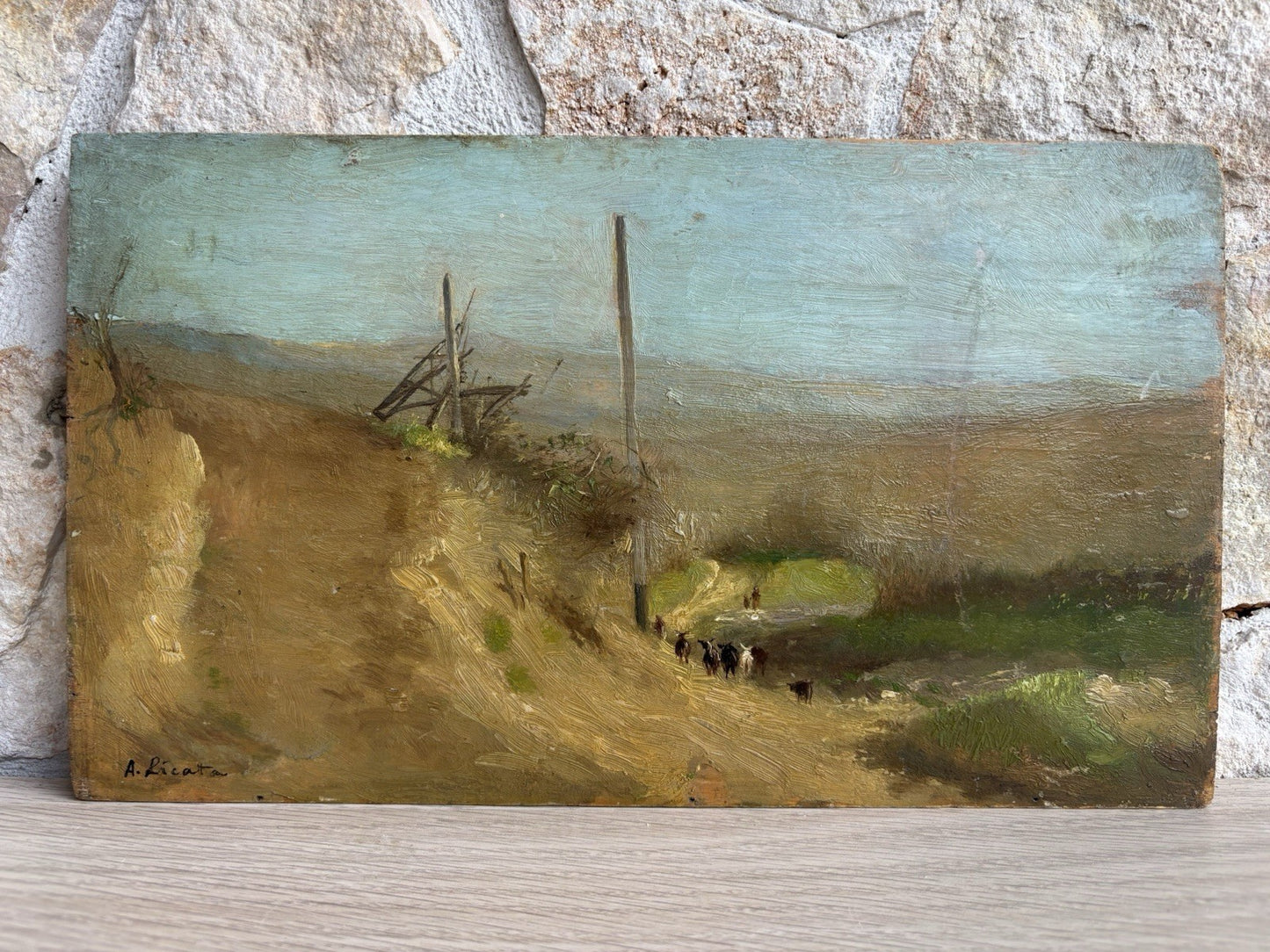 Quadro antico -Paesaggio Con Gregge- Augusto Licata dipinto a olio su tavola