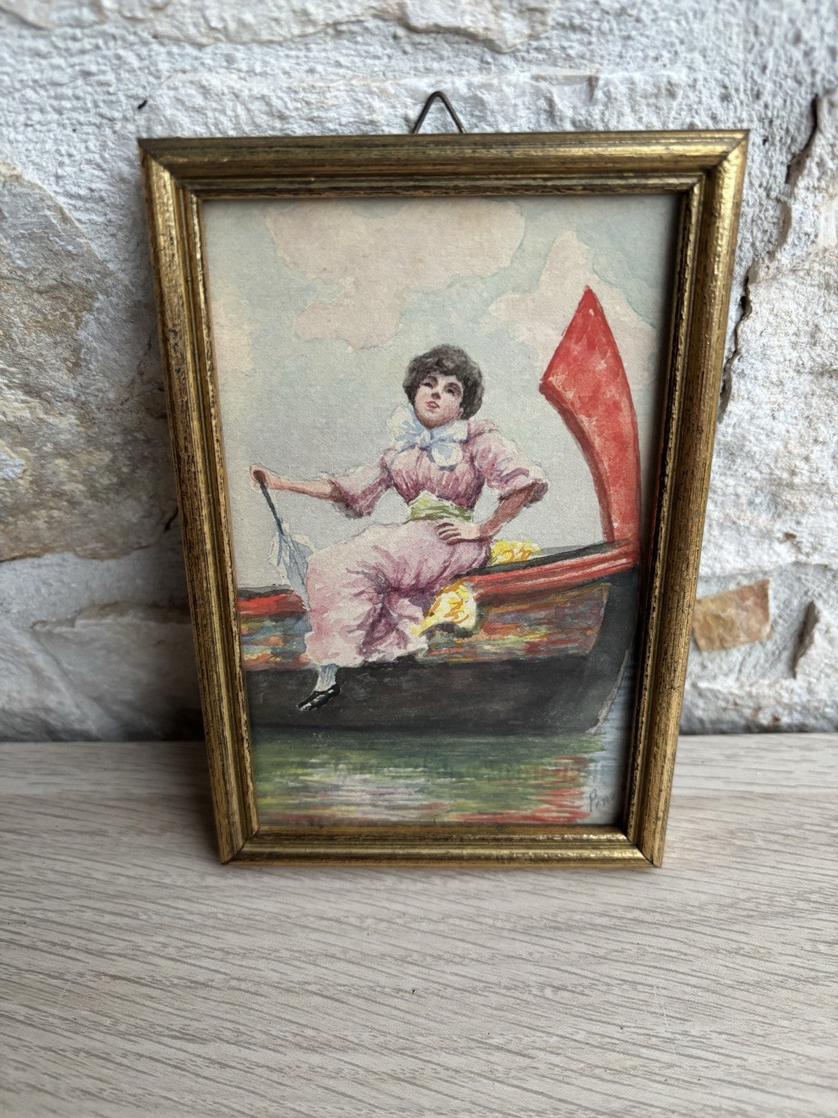 Piccolo quadro miniatura -Donna Su Barca- realizzato ad acquerello su carta