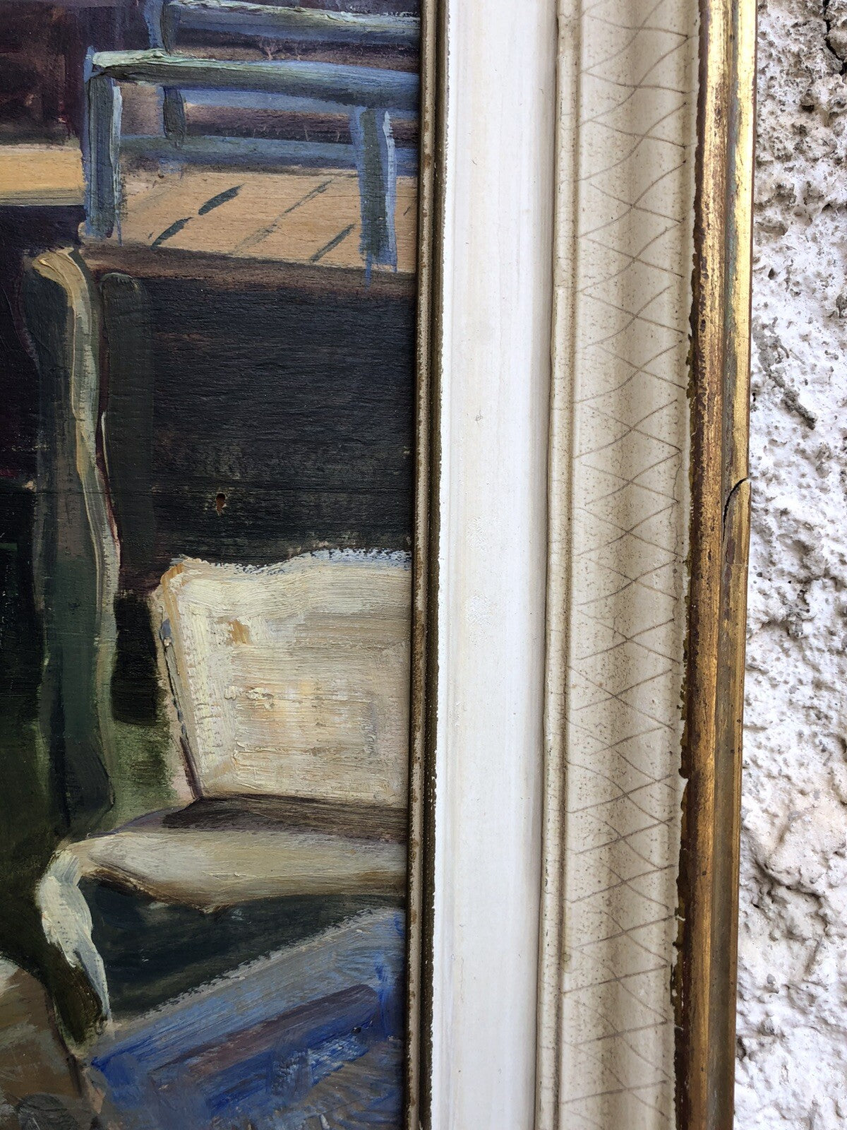 Quadro vintage francese -Barca Al Molo- dipinto a olio su tavoletta