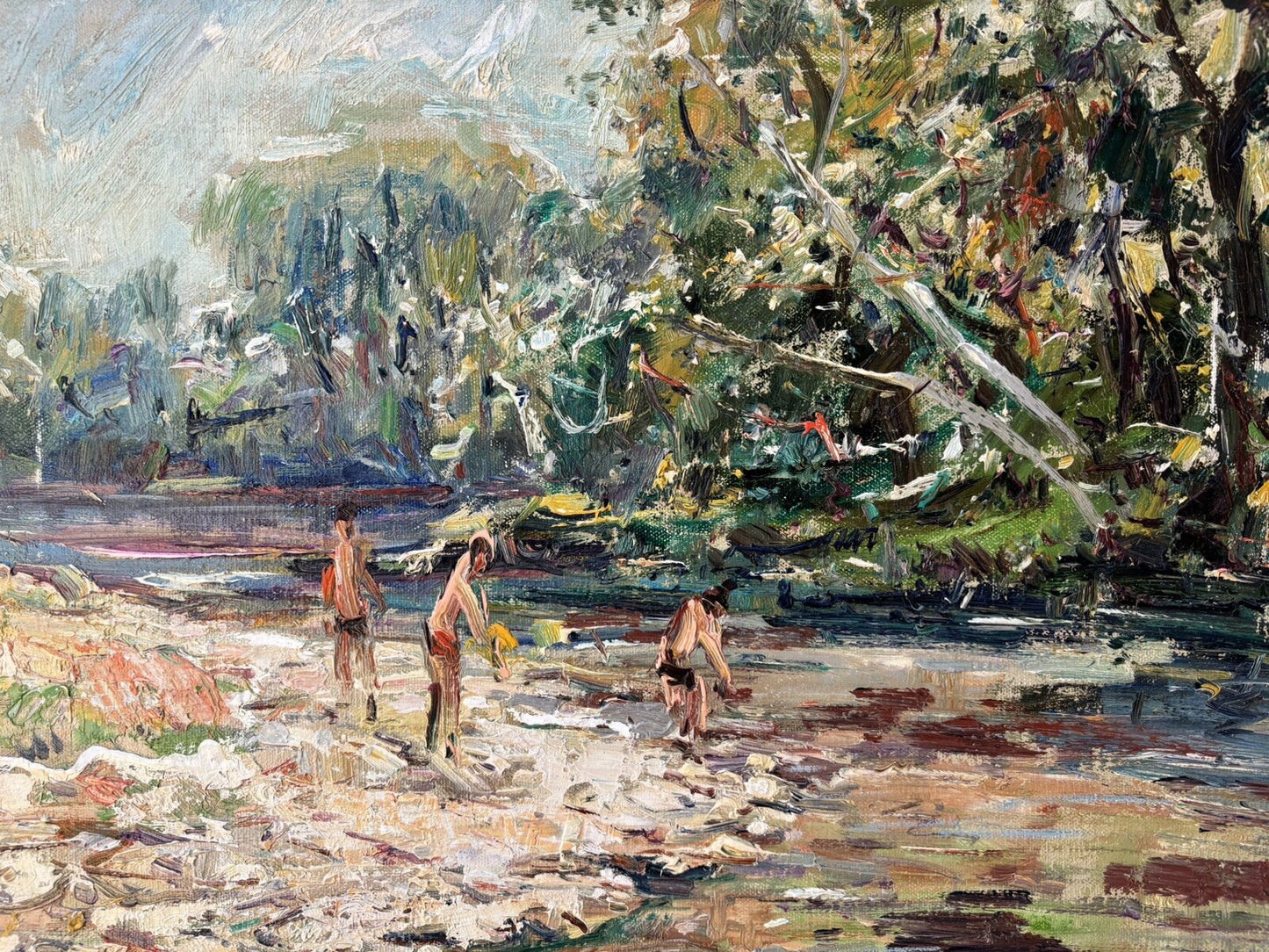 Quadro vintage -Bagnanti Al Fiume- dipinto a olio su tela