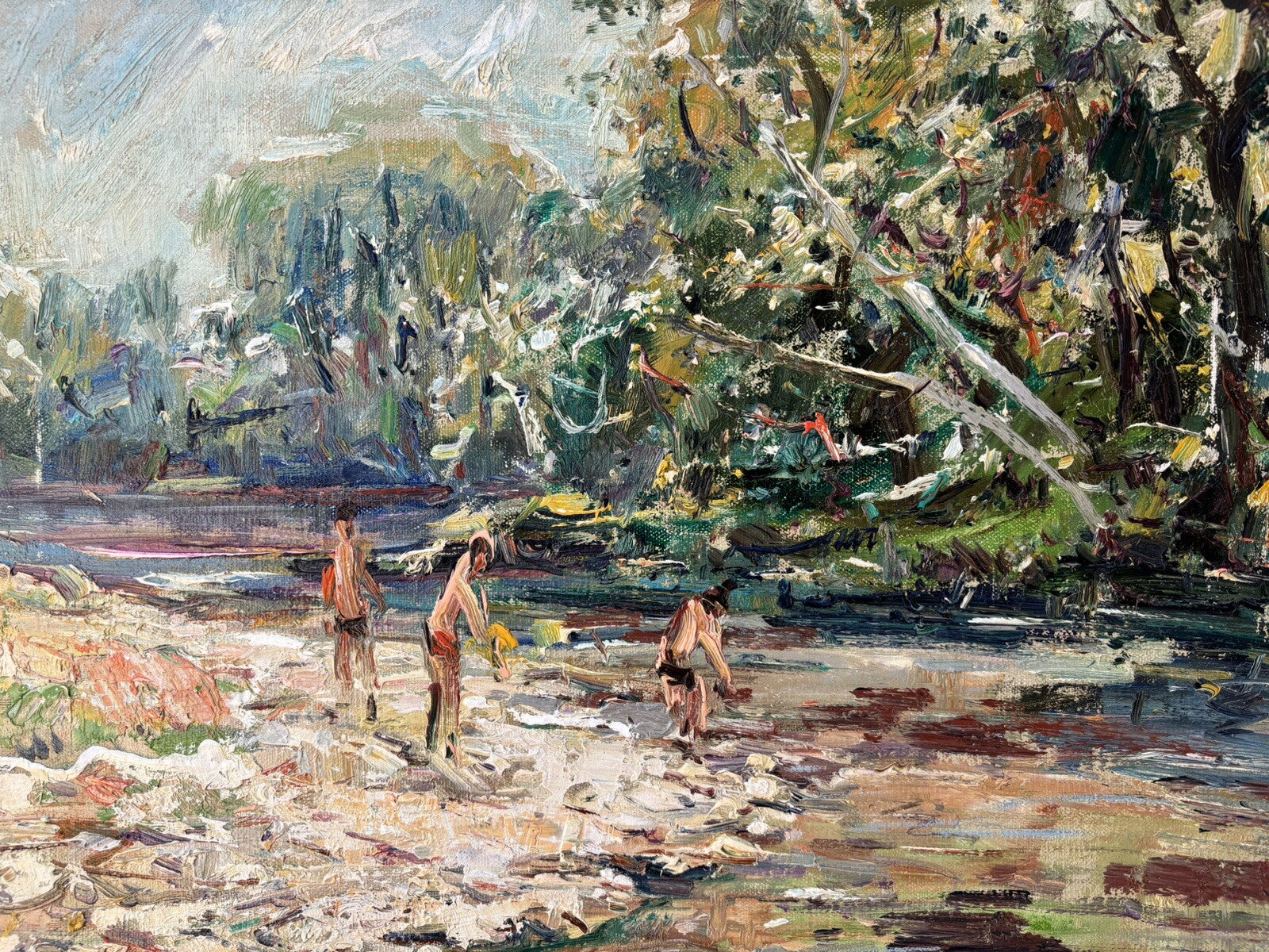 Quadro vintage -Bagnanti Al Fiume- dipinto a olio su tela