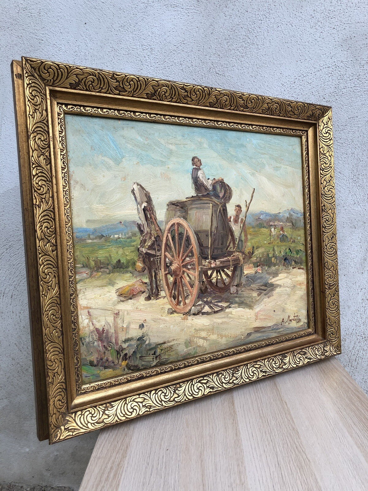 Quadro vintage -Paesaggio Con Carretto- dipinto a olio su tavoletta