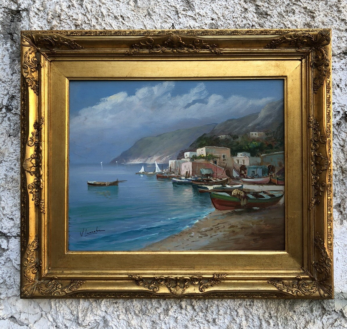 Quadro vintage -Marina Con Barche- dipinto a olio