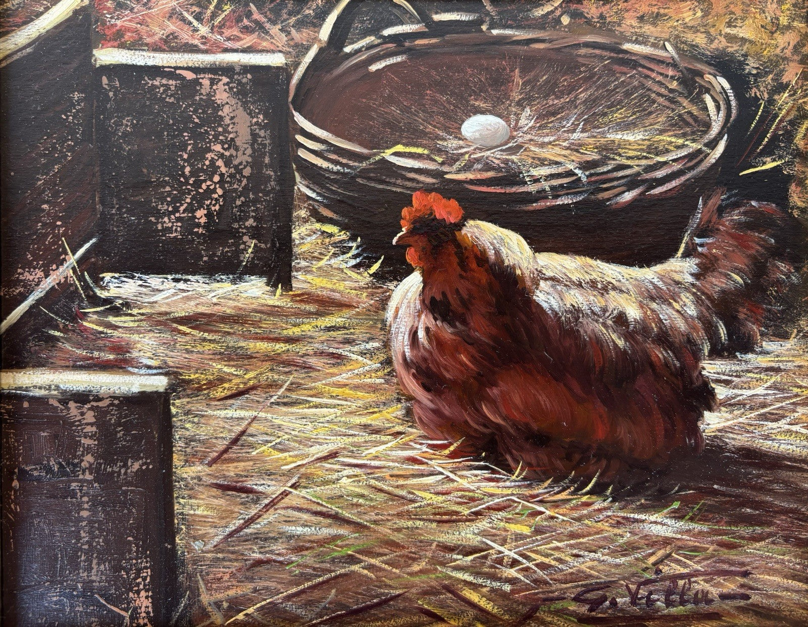 Quadro -Pollaio- Goffredo Villa dipinto a olio su tavoletta