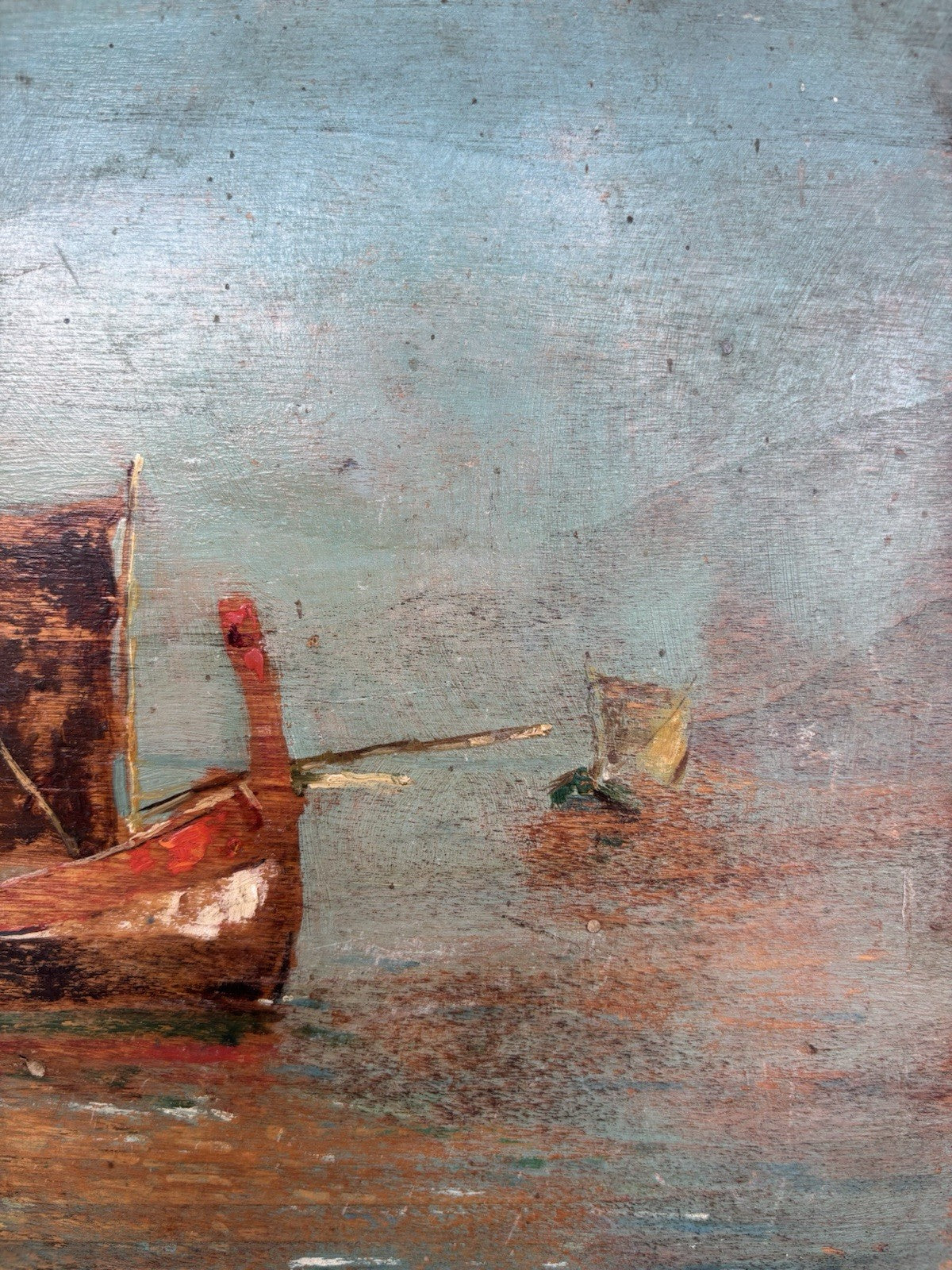 Quadro antico -Marina Con Barche- dipinto a olio su tavola