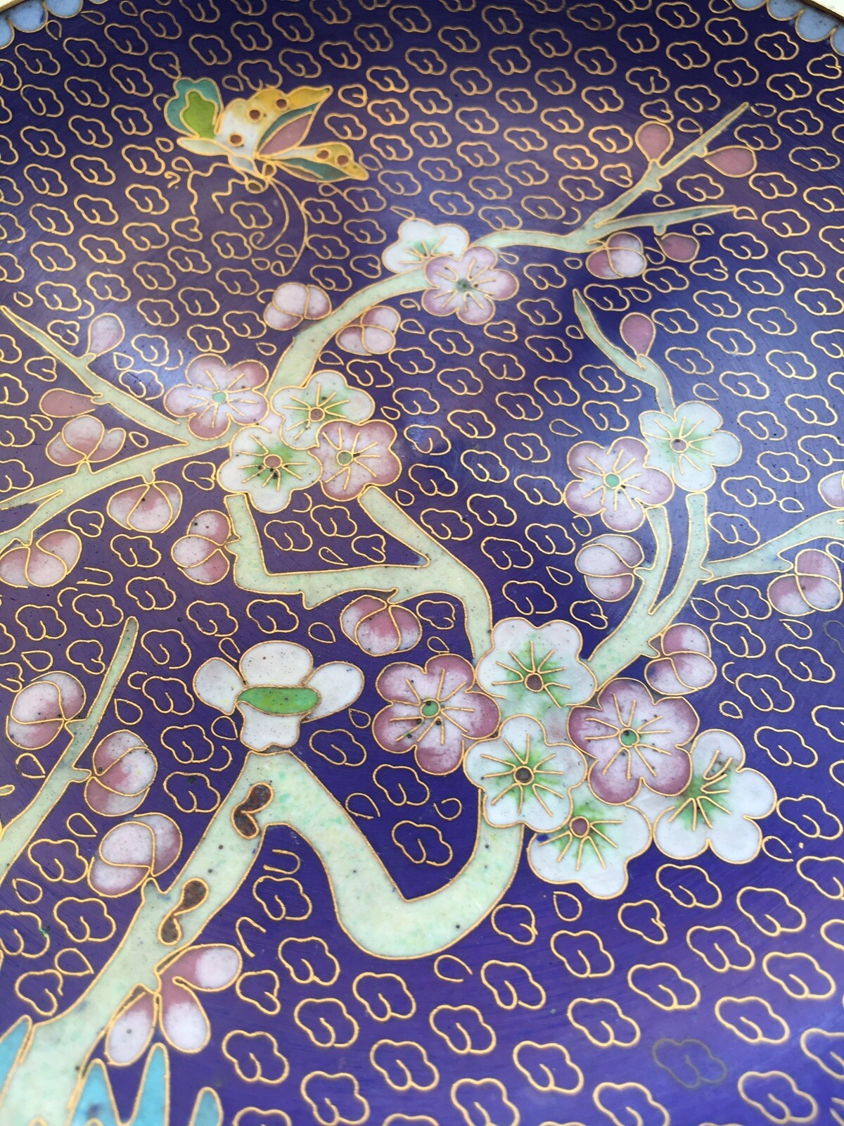 Piatto decorativo in ottone e cloisonné cinese orientale- Fiori di Pesco