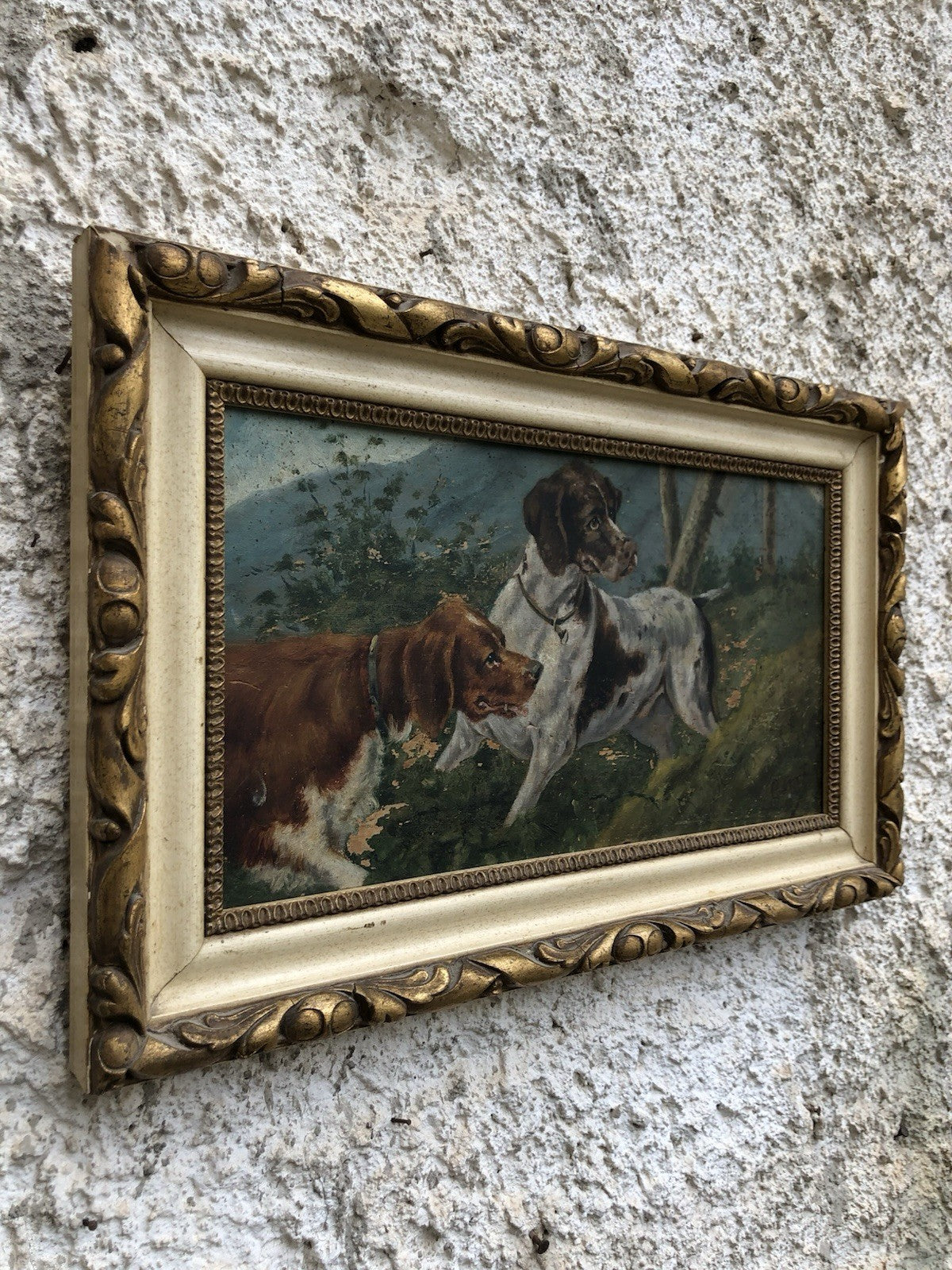 Quadro antico -Cani Da Caccia- dipinto a olio su tavola