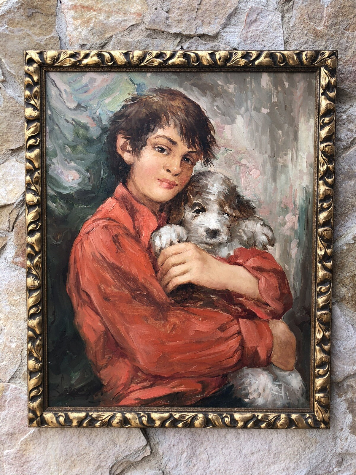 Quadro vintage -Fanciullo Con Cagnolino- dipinto a olio