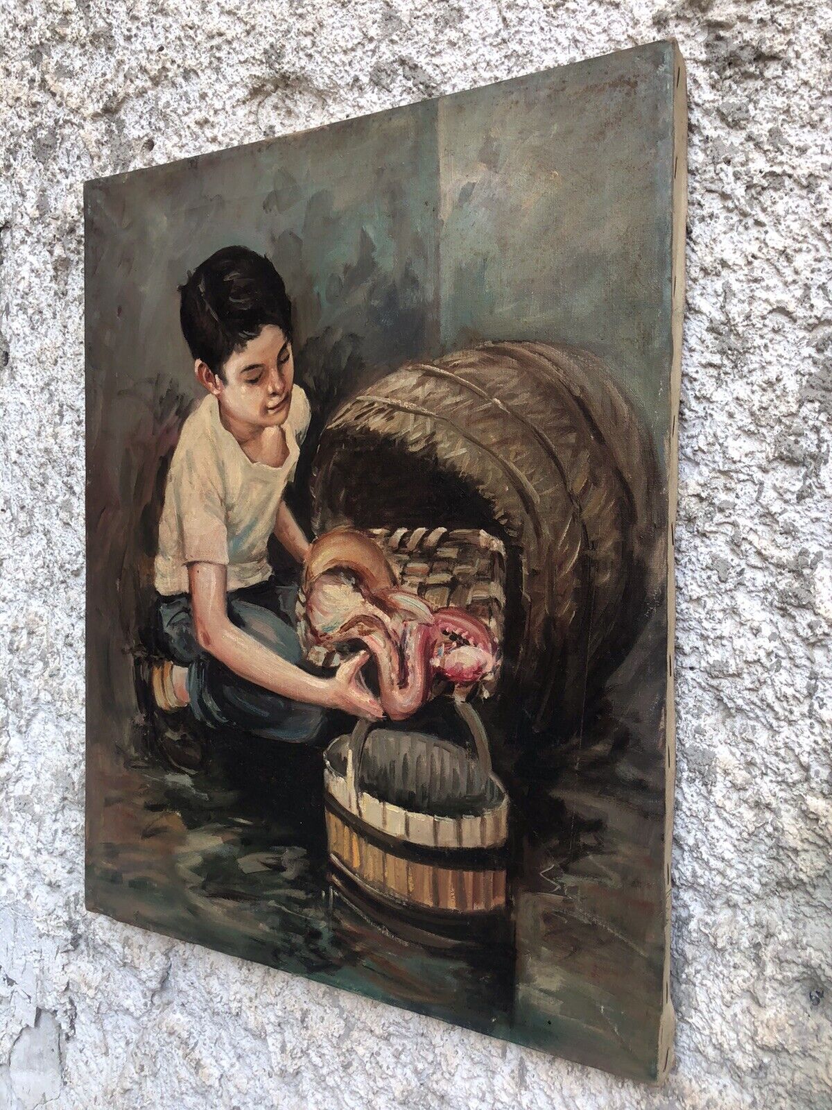 Quadro vintage -Pescivendolo- dipinto a olio su tela