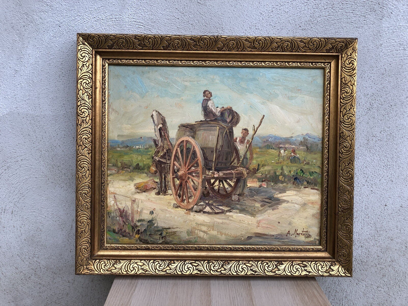 Quadro vintage -Paesaggio Con Carretto- dipinto a olio su tavoletta
