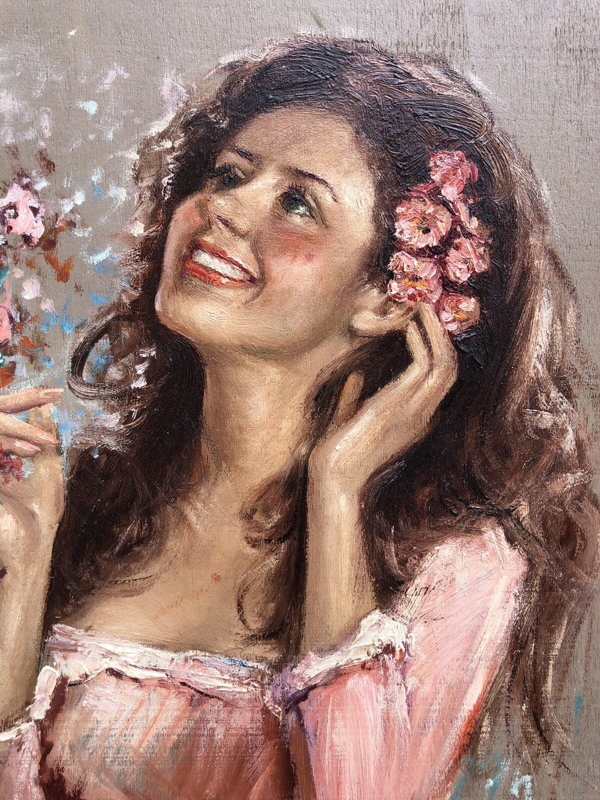 Quadro vintage -Fanciulla tra i fiori-dipinto a olio su tavola