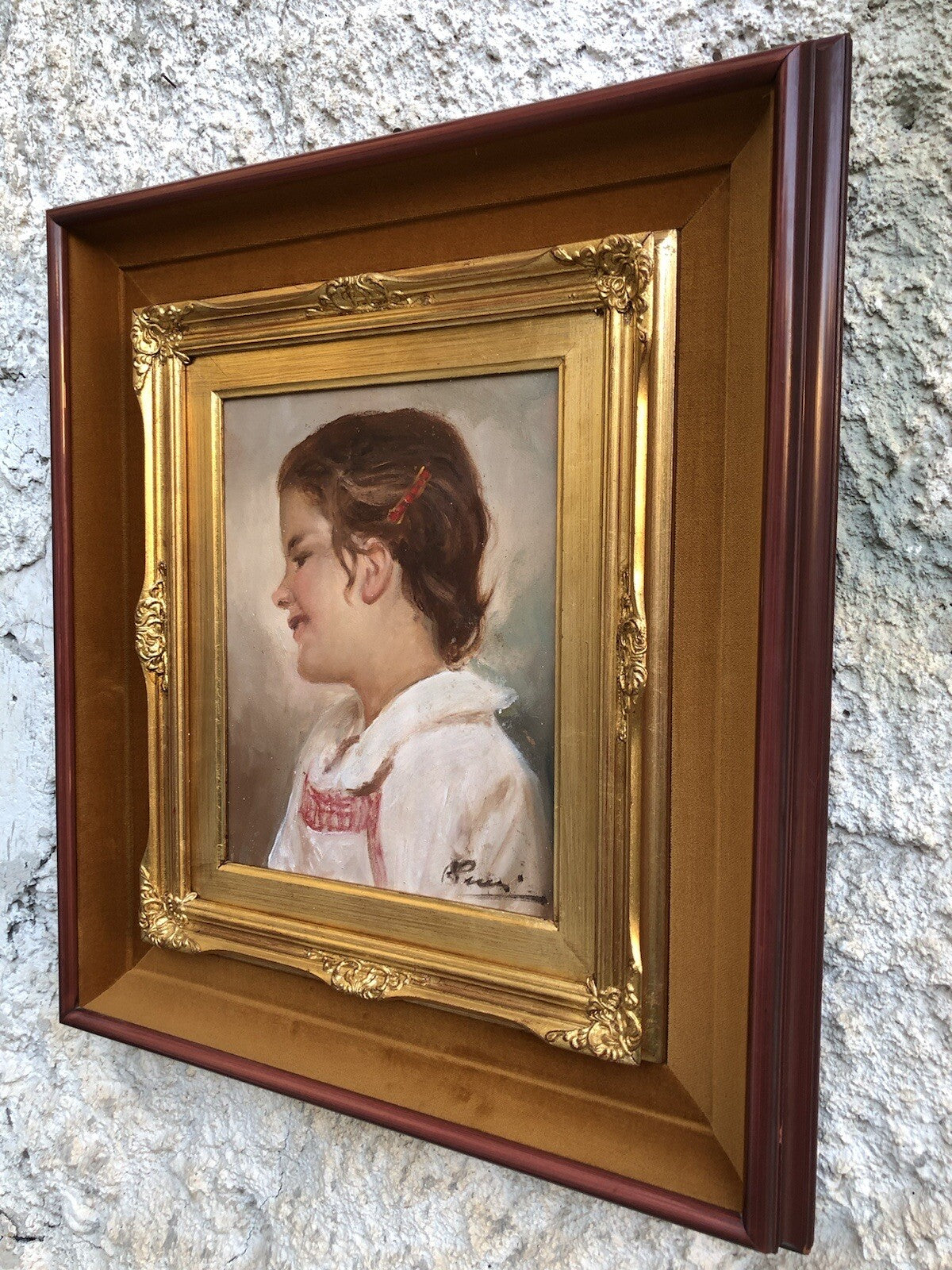 Quadro vintage -Profilo Fanciulla- dipinto a olio su tavoletta
