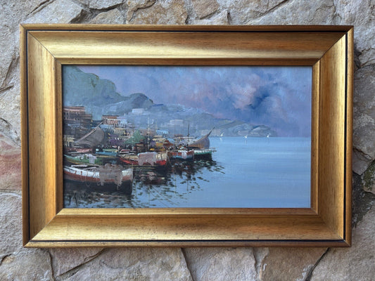 Quadro -Barche Al Porto- dipinto a olio su tela
