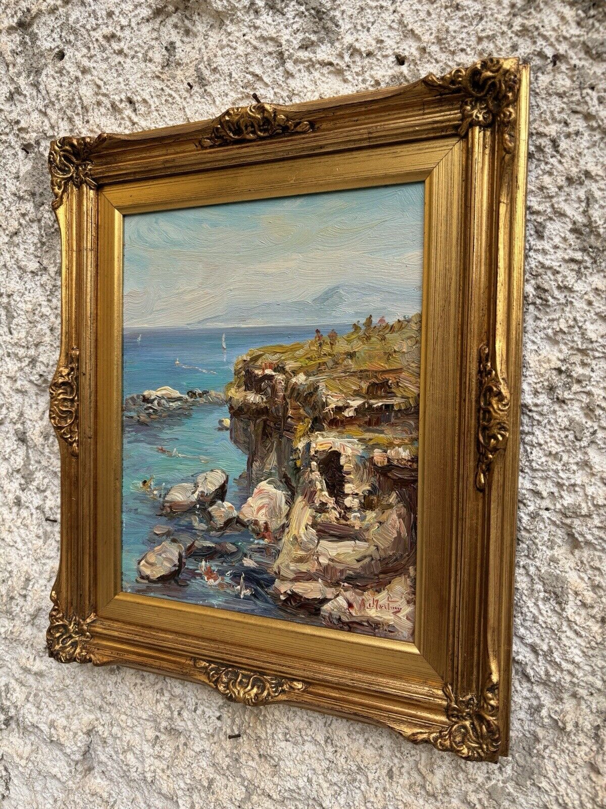 Quadro -Marina Con Bagnanti- dipinto a olio su tavoletta