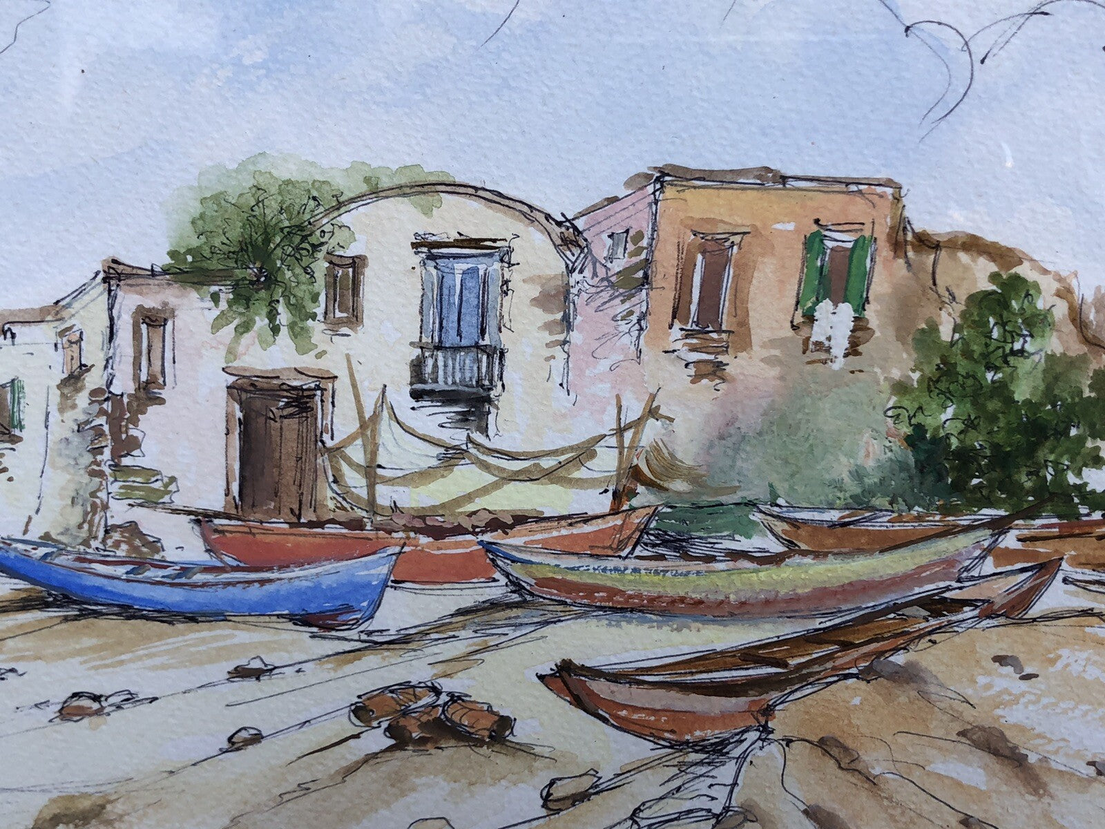 QUADRO VINTAGE-PAESAGGIO CON BARCHE-DIPINTO AD ACQUERELLO SU CARTA