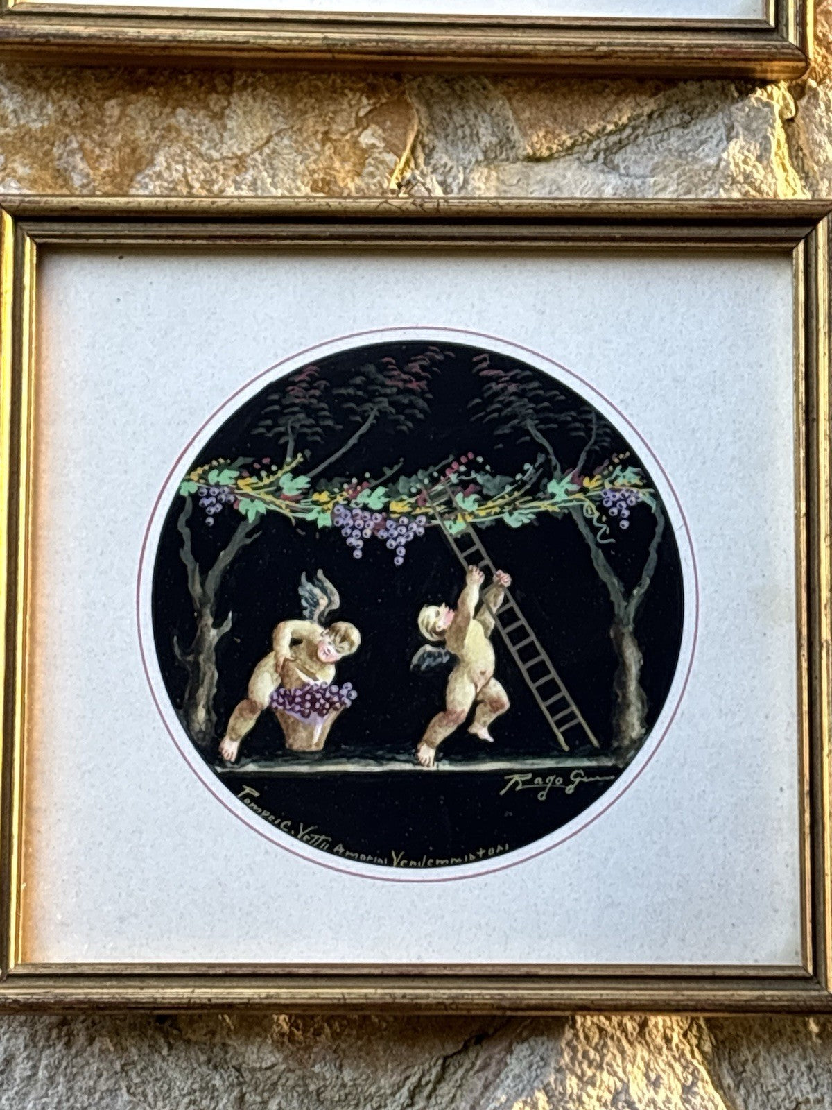 Coppia Di Quadri Vintage -Amorini- Gouache Dipinti A Mano