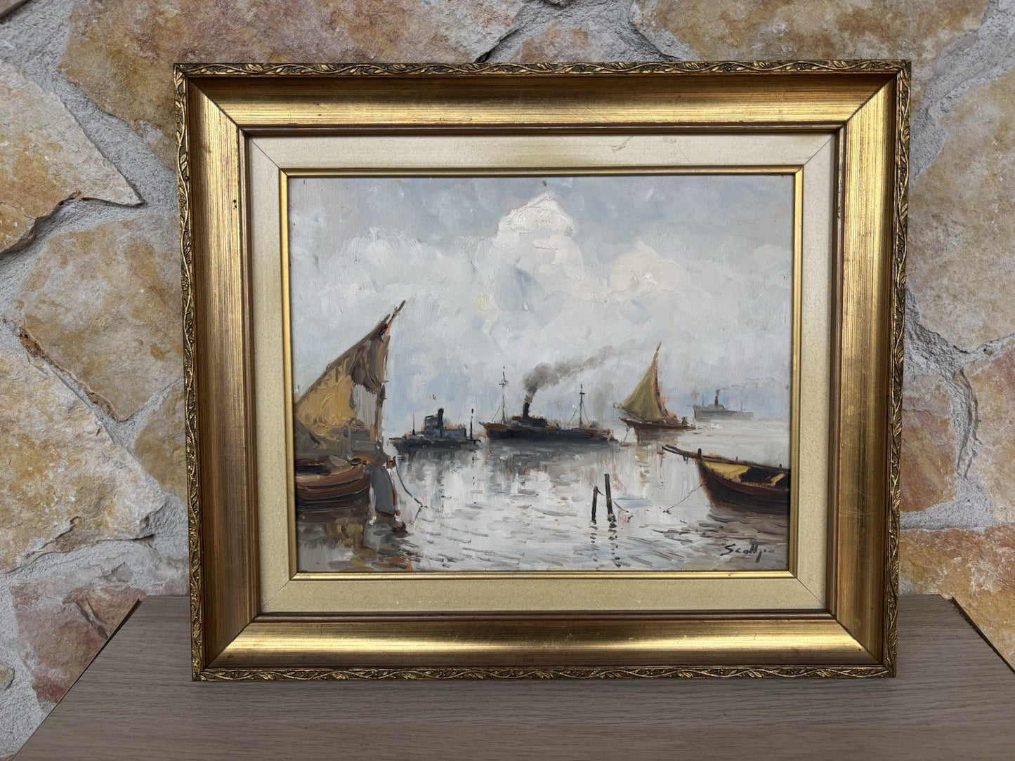 Quadro -Marina Con Barche- dipinto a olio