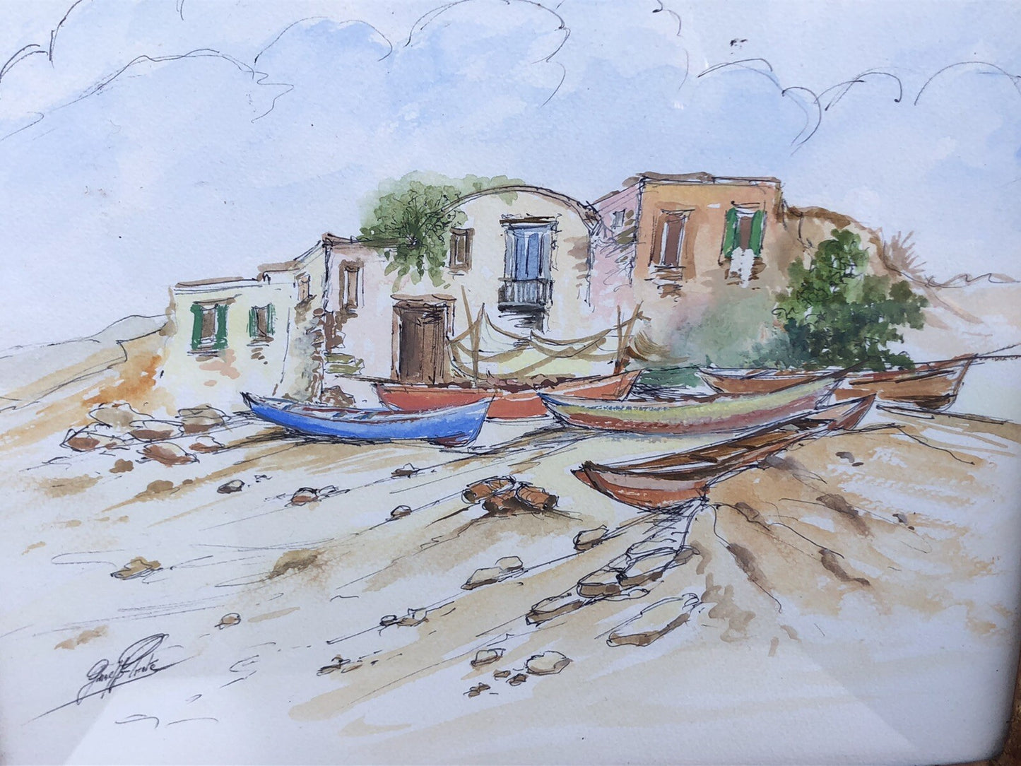 QUADRO VINTAGE-PAESAGGIO CON BARCHE-DIPINTO AD ACQUERELLO SU CARTA