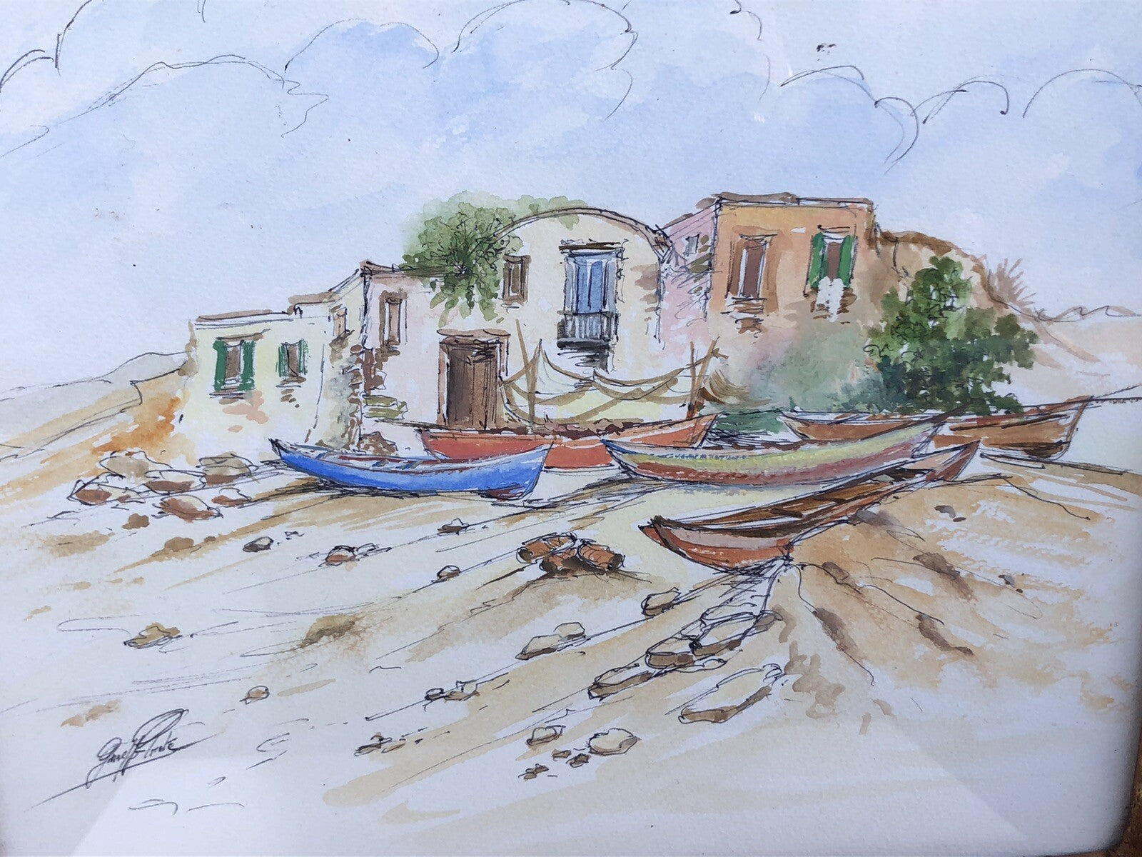 QUADRO VINTAGE-PAESAGGIO CON BARCHE-DIPINTO AD ACQUERELLO SU CARTA