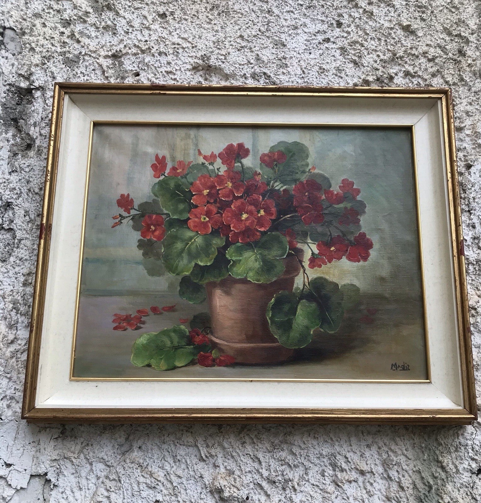 QUADRO VINTAGE -VASO CON GERANI-DIPINTO A OLIO SU TELA