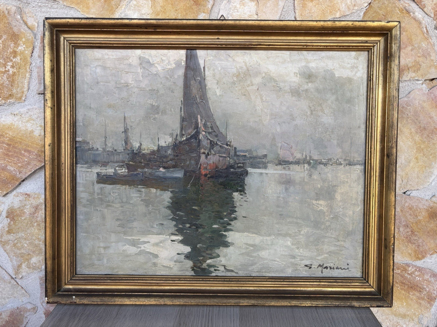Quadro -Marina Con Barche- dipinto a olio su tela