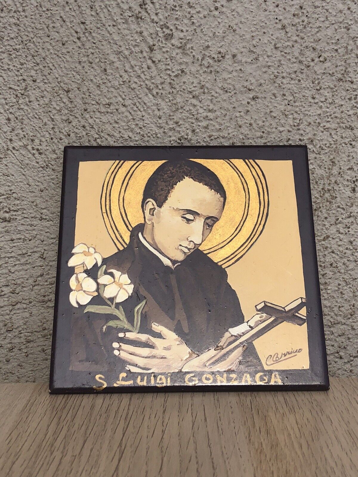 Dipinto San Luigi Gonzaga su mattonella Vintage