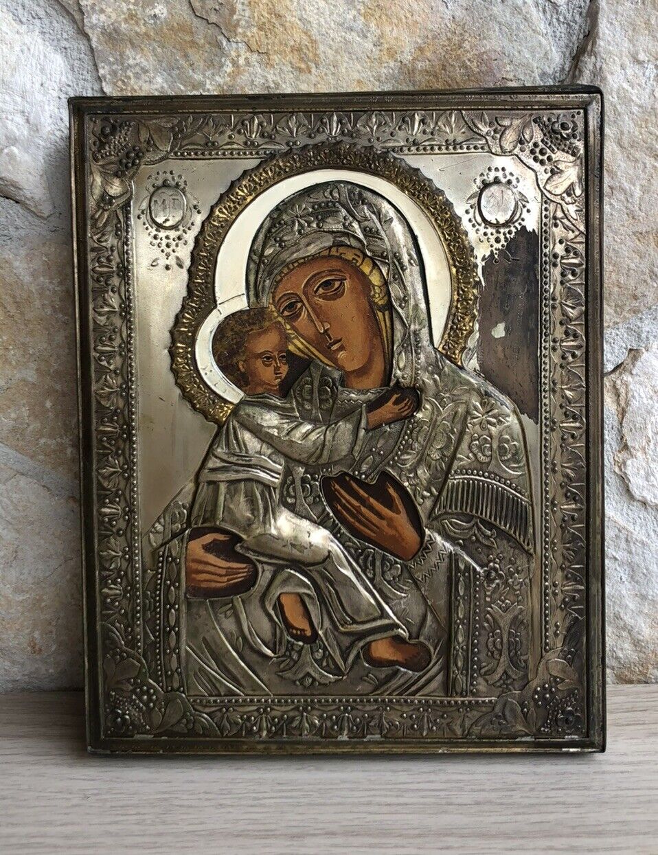 Icona Religiosa Russa Dipinta Vintage, Madonna Di Vladimir