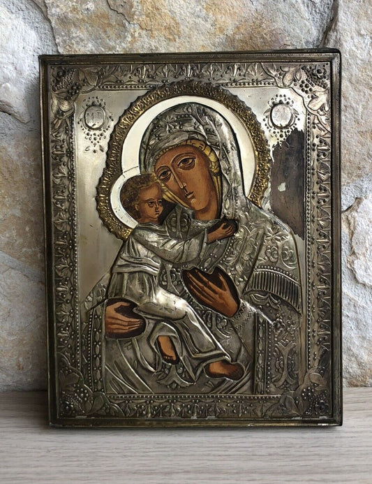 Icona Religiosa Russa Dipinta Vintage, Madonna Di Vladimir