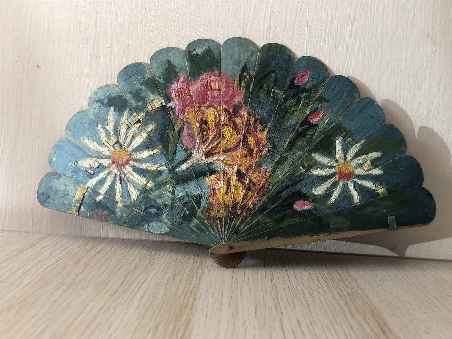 Ventaglio In Legno Dipinto A Olio Vintage