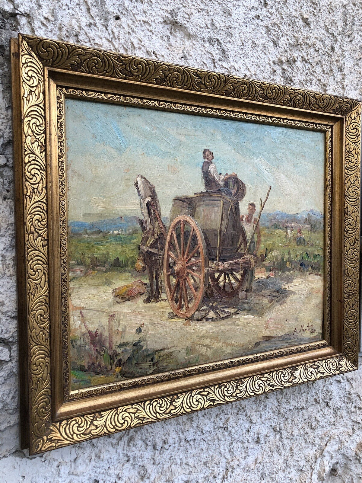 Quadro vintage -Paesaggio Con Carretto- dipinto a olio su tavoletta