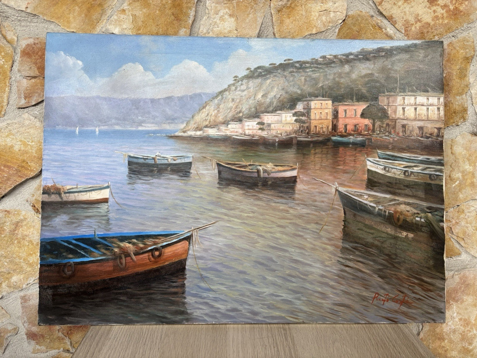 Quadro -Marina Con Barche- dipinto a olio su tela